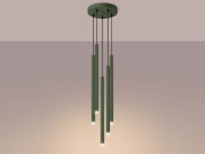 Miniaturka 3 - Lampa wisząca pięciopunktowa zielona ze świecącymi tubami ciepłe światło