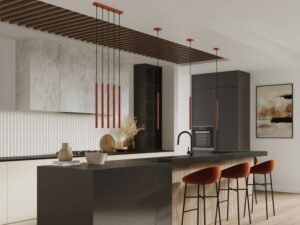 Miniaturka 9 - Lampy wiszące ceglaste w aranżacji kuchni widok z boku zbliżenie