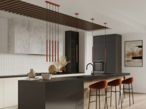 Miniaturka 8 - Lampy wiszące ceglaste w aranżacji kuchni z wyspą i hokerami zbliżenie