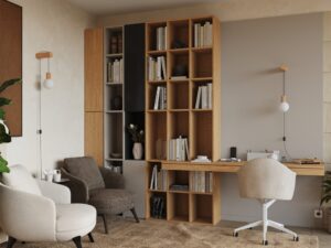 Miniaturka 12 - Kinkiet drewniany z białą kulą w aranżacji biura domowego z regałem