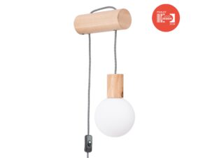 Miniaturka 1 - Drewniany kinkiet z białą kulą i plecionym kablem nagroda Good Design 2024
