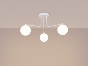 Miniaturka 2 - Detal kul świecących lampy sufitowej trójramiennej białej zbliżenie