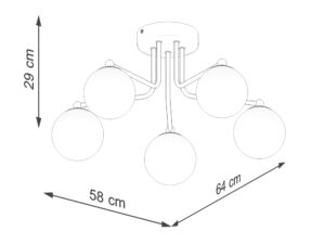 Miniaturka 7 - Schemat wymiarów lampy sufitowej pięcioramiennej białej 58x64x29cm