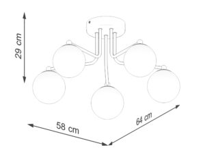 Miniaturka 8 - Schemat wymiarów lampy sufitowej pięcioramiennej czarnej 58x64x29cm