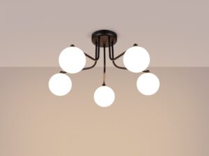 Miniaturka 3 - Lampa sufitowa pięcioramienna czarna ze świecącymi kulami ciepłe światło