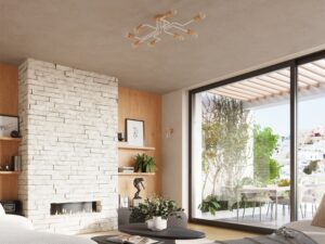 Miniaturka 11 - Kinkiet z drewnianą oprawką w aranżacji salonu z kamiennym kominkiem