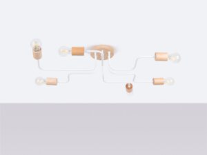 Miniaturka 1 - Lampa sufitowa sześcioramienna z drewnianymi oprawkami i białymi ramionami