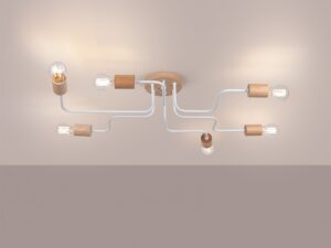 Miniaturka 2 - Sześcioramienna lampa sufitowa z drewnianymi oprawkami na szarym tle