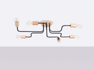 Miniaturka 1 - Lampa sufitowa sześcioramienna z drewnianymi oprawkami czarne ramiona