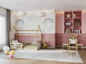 Miniaturka 3 - Panele ścienne różowe tapicerowane w pokoju dziecięcym z łóżkiem domek