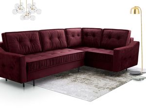 Miniaturka 26 - Narożnik welurowy bordowy z pikowanymi poduszkami oparcia