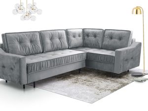 Miniaturka 25 - Szary narożnik tapicerowany z dekoracyjnym pikowaniem i czarnymi nogami