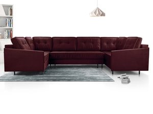 Miniaturka 18 - Bordowy narożnik welurowy w kształcie U z pikowanym oparciem aranżacja