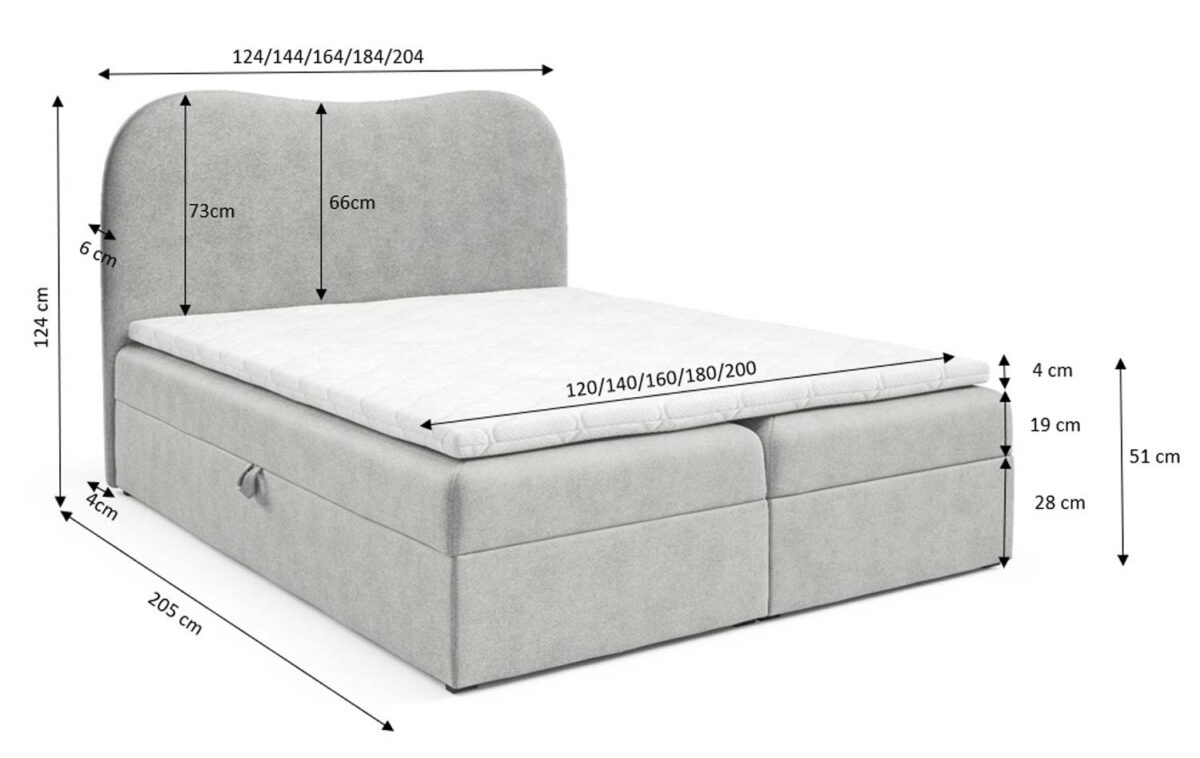 Szare łóżko kontynentalne z zaokrąglonym zagłówkiem z wymiarami technicznymi