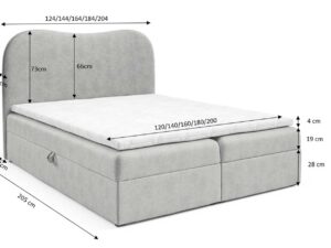 Miniaturka 11 - Szare łóżko kontynentalne z zaokrąglonym zagłówkiem z wymiarami technicznymi