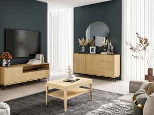 Miniaturka 1 - Zestaw mebli dębowych witryna szafka RTV komoda stolik w salonie aranżacja