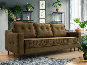 Miniaturka 7 - Tapicerowana sofa oliwkowa trzyosobowa z poduszkami w aranżacji salonu