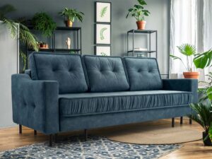 Miniaturka 8 - Granatowa sofa tapicerowana trzyosobowa z pikowanym siedziskiem