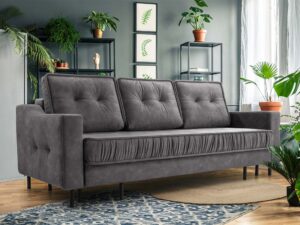 Miniaturka 10 - Szara sofa tapicerowana trzyosobowa z poduszkami oparcia w aranżacji