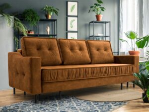 Miniaturka 6 - Sofa trzyosobowa karmelowa tapicerowana z pikowanym siedziskiem w aranżacji