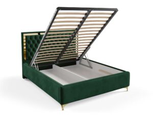 Miniaturka 39 - Łóżko glamour zielone z pojemnikiem na pościel ze złotą ramą