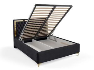 Miniaturka 41 - Czarne łóżko glamour z pojemnikiem na pościel ze złotą ramą