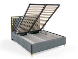 Miniaturka 42 - Łóżko glamour szarozielone z pojemnikiem na pościel ze złotą ramą