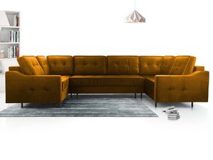 Miniaturka 20 - Musztardowy narożnik tapicerowany welurowy w kształcie U w salonie aranżacja