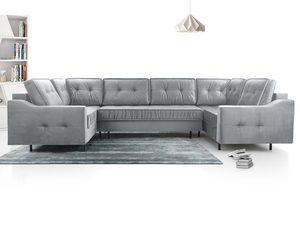 Miniaturka 18 - Szary narożnik tapicerowany welurowy w kształcie U w salonie aranżacja