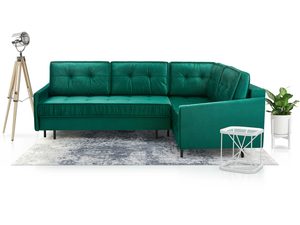 Miniaturka 19 - Turkusowy narożnik tapicerowany welurowy w kształcie L prawy z lampą