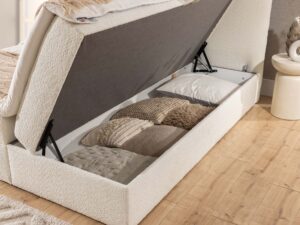 Miniaturka 13 - Kremowe łóżko z zaokrąglonym zagłówkiem i otwartym pojemnikiem