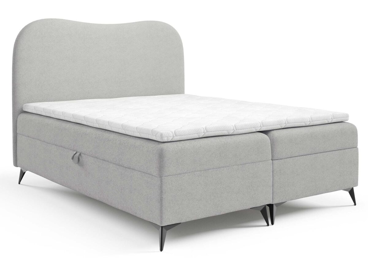 Jasnoszare łóżko kontynentalne z zaokrąglonym zagłówkiem i pojemnikiem Jasnoszare łóżko kontynentalne z zaokrąglonym zagłówkiem i pojemnikiem