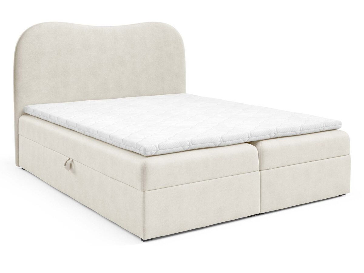 Kremowe łóżko kontynentalne tapicerowane z zaokrąglonym zagłówkiem