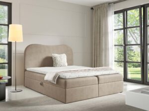 Miniaturka 18 - Łóżko kontynentalne beżowe z zaokrąglonym zagłówkiem w aranżacji sypialni