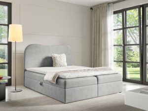 Miniaturka 14 - Jasnoszare łóżko kontynentalne z zaokrąglonym zagłówkiem w aranżacji sypialni