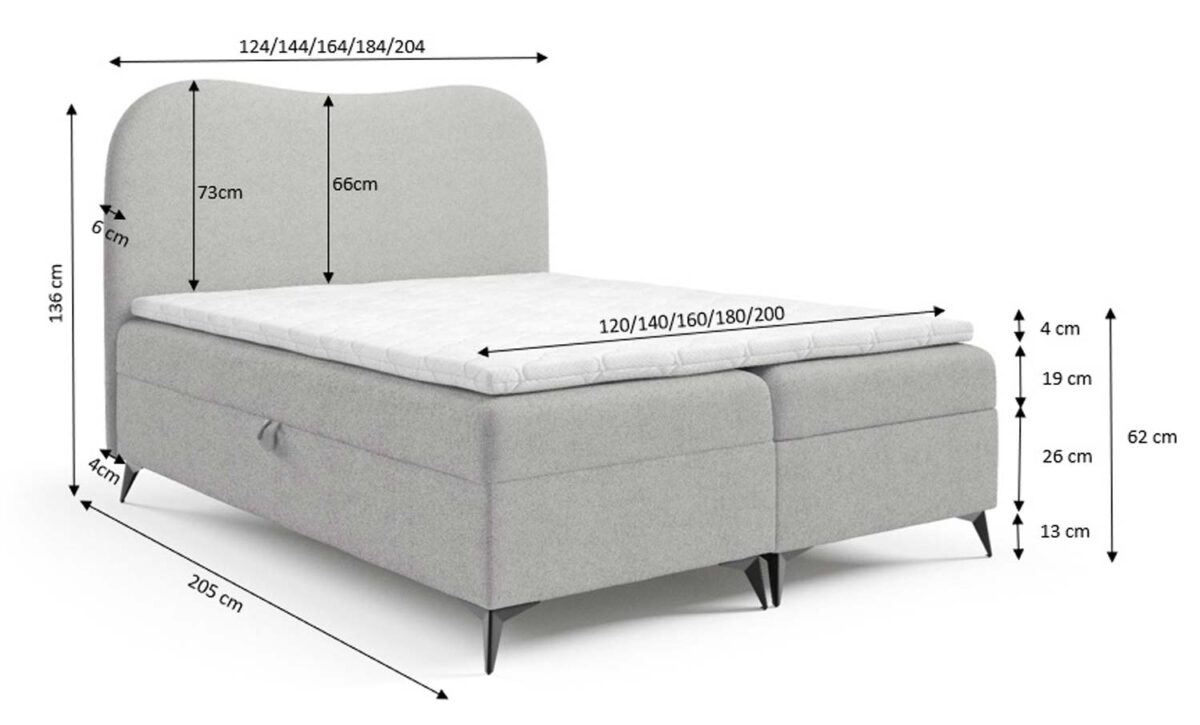Szare łóżko kontynentalne z zaokrąglonym zagłówkiem z wymiarami technicznymi Szare łóżko kontynentalne z zaokrąglonym zagłówkiem z wymiarami technicznymi