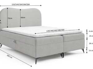 Miniaturka 19 - Szare łóżko kontynentalne z zaokrąglonym zagłówkiem z wymiarami technicznymi