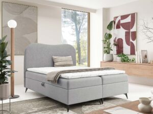 Miniaturka 15 - Jasnoszare łóżko kontynentalne z zaokrąglonym zagłówkiem w aranżacji sypialni