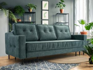 Miniaturka 9 - Sofa trzyosobowa szaro-zielona tapicerowana w nowoczesnym salonie