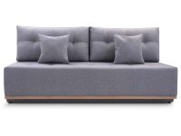 Szara sofa tapicerowana z drewnianą podstawą widok z przodu
