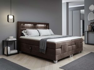 Miniaturka 9 - Łóżko kontynentalne brązowe z podświetlanym zagłówkiem w aranżacji sypialni