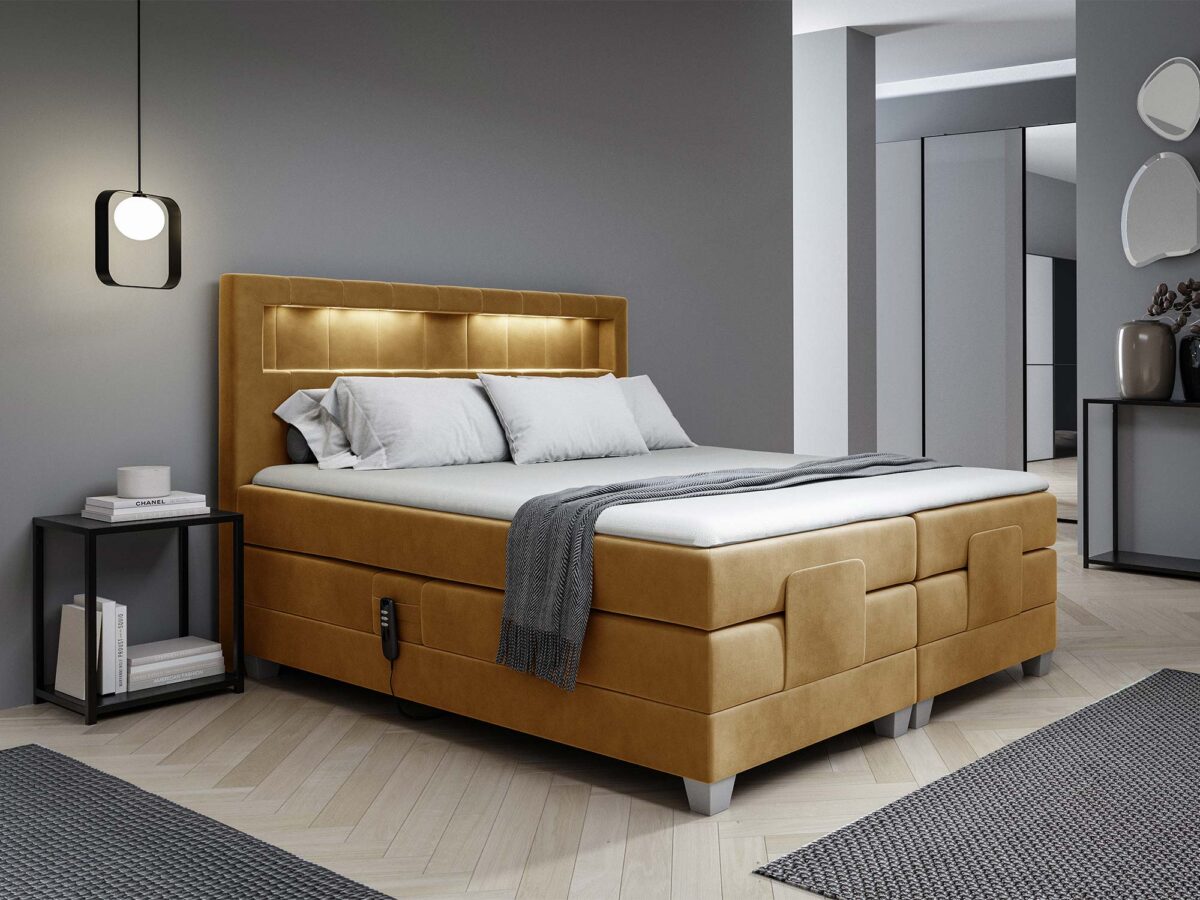 Łóżko kontynentalne elektryczne miodowe z podświetlanym zagłówkiem w aranżacji