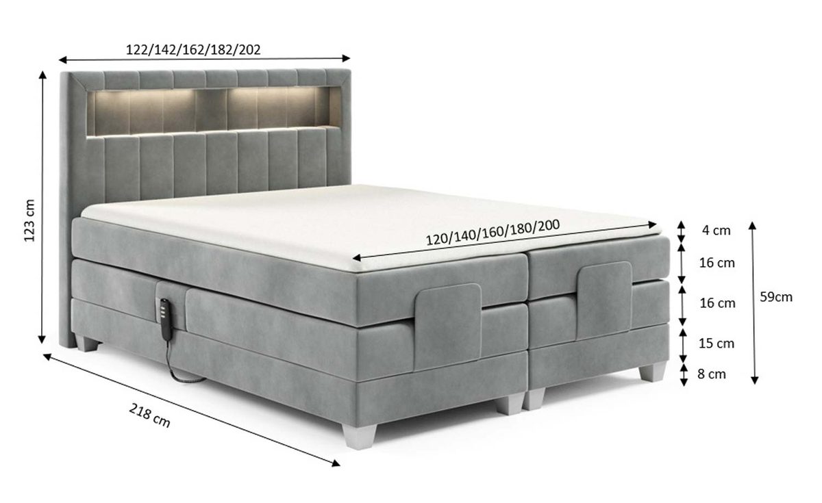Schemat wymiarowy łóżka kontynentalnego elektrycznego z podświetlanym zagłówkiem