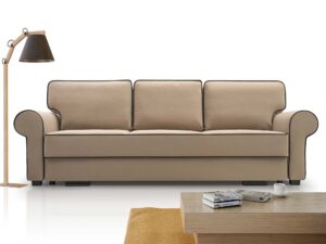 Miniaturka 8 - Sofa trzyosobowa beżowa welurowa z czarną lamówką i poduszkami oparcia