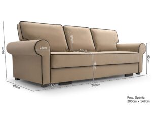 Miniaturka 9 - Sofa beżowa welurowa trzyosobowa z wymiarami i powierzchnią spania