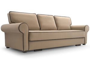 Miniaturka 1 - Beżowa sofa welurowa trzyosobowa z czarnym wykończeniem w perspektywie