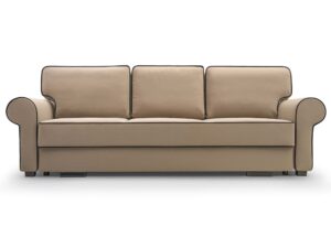 Miniaturka 10 - Tapicerowana sofa beżowa z trzema poduszkami oparcia i czarnym wypustkiem