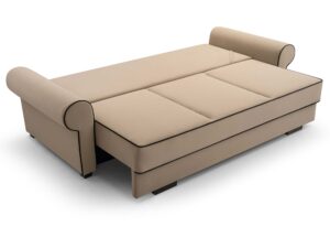Miniaturka 5 - Rozłożona sofa beżowa welurowa z płaską powierzchnią spania