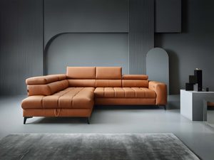 Miniaturka 15 - Narożnik skórzany karmelowy z szezlongiem w nowoczesnym wnętrzu