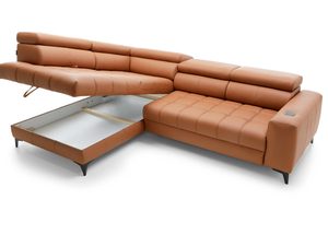 Miniaturka 9 - Karmelowy narożnik skórzany z otwartym pojemnikiem na pościel widok